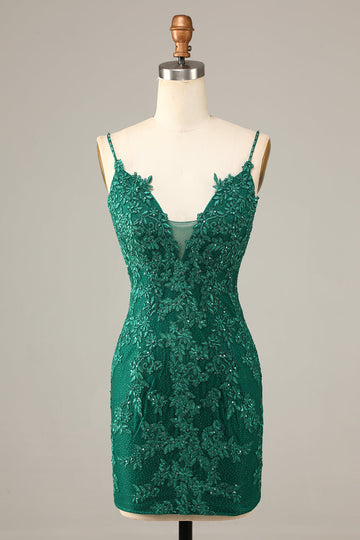 Sheath Spaghetti Straps Dark Green Short Formal Dress with Appliques